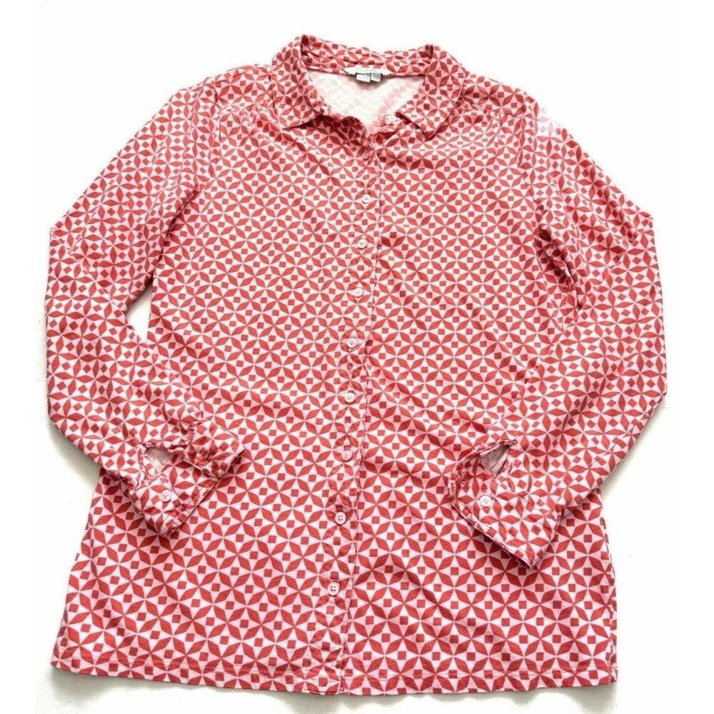 Boden Women's Pink Button-Down Jersey Knit Shirt UK 12 US 8 Geometric Print Pink